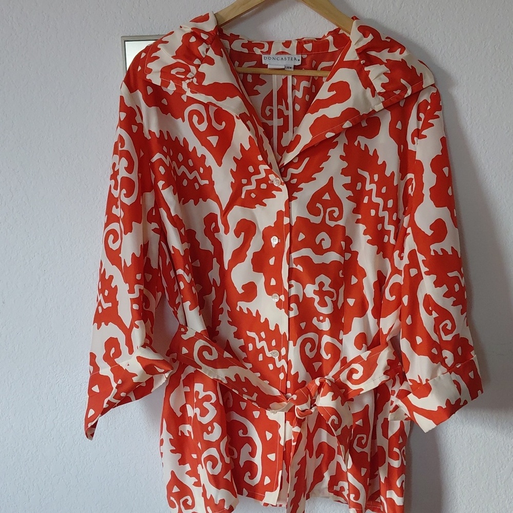 Doncaster Silk Coral Patterned Tie-Waist Blouse Womans 16W